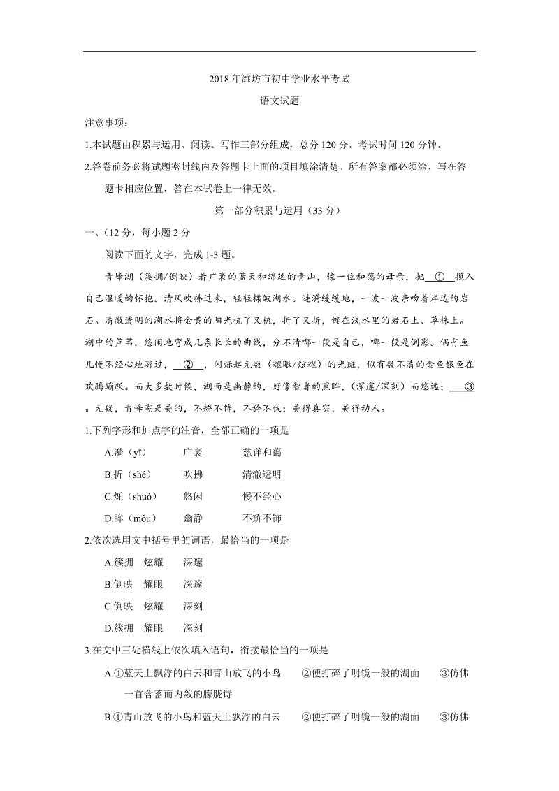 2018山东潍坊高中入学考试全场作文：不同的青年风光（4）